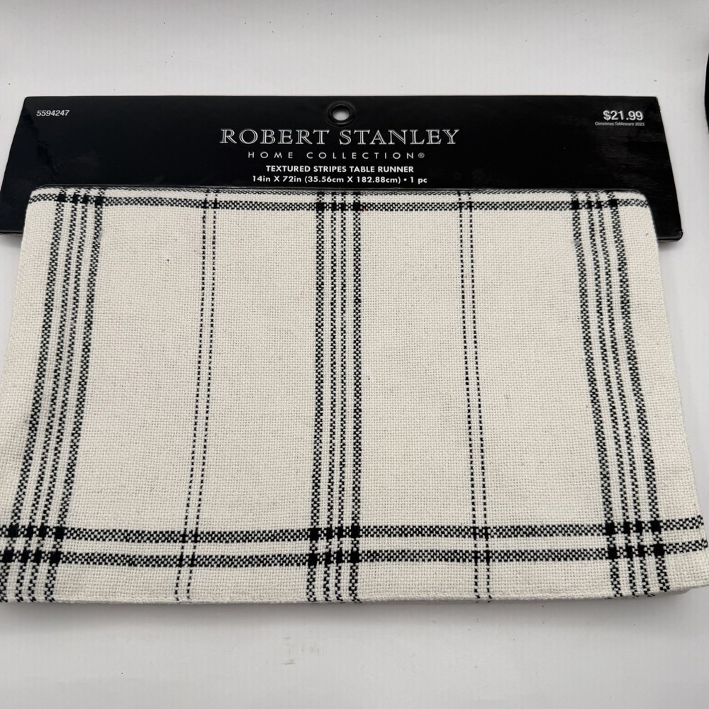 NWT Robert Stanley Table Runner 14"x72" Ivory Navy Stripes Fall NEW
